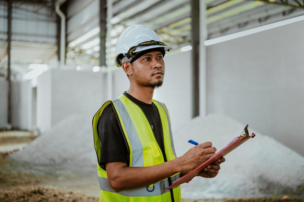 pexels-photo-28196491 Asian construction worker in a factory setting, using a clipboard for inspection tasks in Banting, Malaysia.